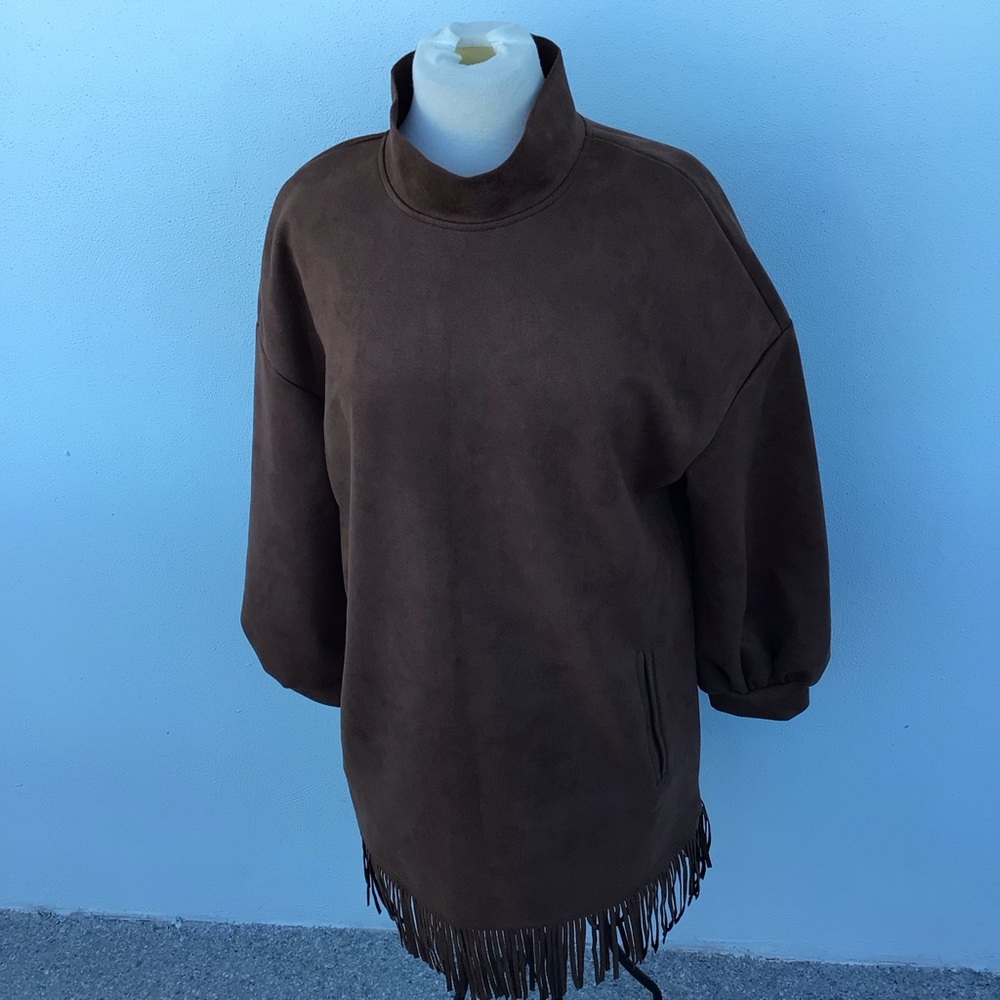 Women's Brown Fringe Mock-Neck Sweater Dress